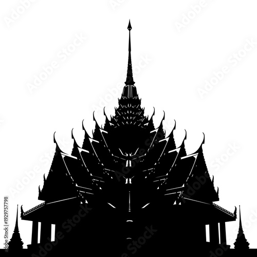 Striking silhouette of traditional temple architecture with ornate spires, capturing the essence of cultural heritage