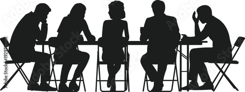 Black silhouettes of diverse professionals sitting at a table for a business meeting or group discussion isolated on white background.