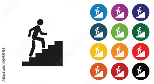 A person icon climbing upward on stairs in many circles.