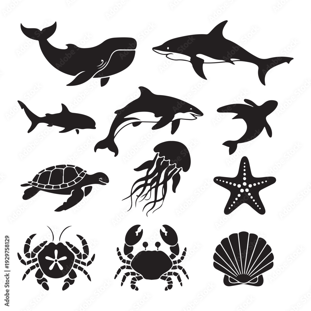 custom made wallpaper toronto digitalOcean Wildlife Silhouette Vector Set, Whale Shark Dolphin Crab Starfish Collection