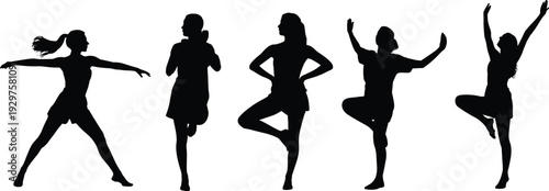 Black silhouettes of diverse women in dynamic athletic and yoga poses isolated on white background for fitness and wellness marketing.Black silhouettes of 