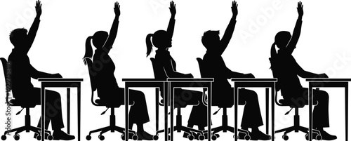 Black silhouettes of diverse students sitting at desks and raising their hands in a classroom for education and learning concepts.