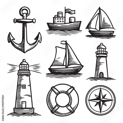 Wallpaper Mural Nautical and Maritime Silhouette Vector Set, Anchor Lighthouse Sailboat Compass Collection Torontodigital.ca