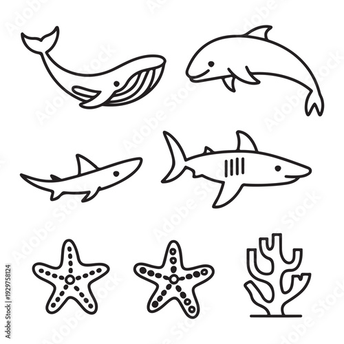 Wallpaper Mural Marine Line Art Silhouette Vector Set, Whale Dolphin Shark Turtle Starfish Outline Collection Torontodigital.ca