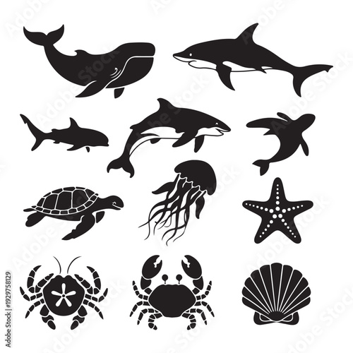 Wallpaper Mural Ocean Wildlife Silhouette Vector Set, Whale Shark Dolphin Crab Starfish Collection Torontodigital.ca