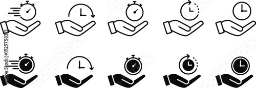 Hand holding stopwatch with motion lines and clock icons representing time management and fast delivery