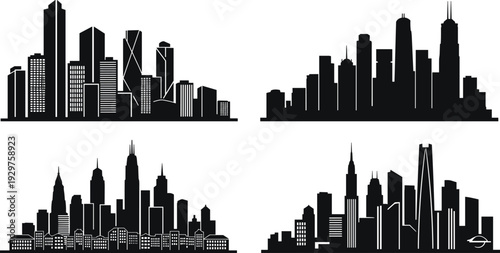 Black silhouettes of various modern city skylines with skyscrapers and urban buildings isolated on white background for architectural concepts.