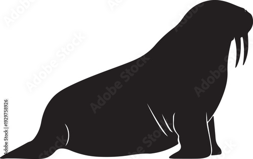 Huge walrus with tusks resting on icy Arctic shore silhouette.