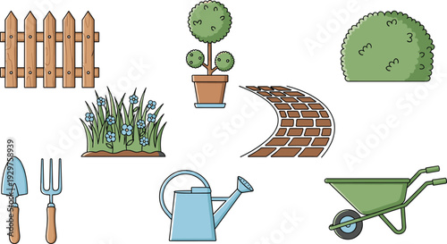 A collection of gardening tools and in a garden setting shovel trowel watering can