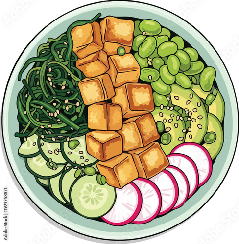 Delicious and Healthy Vegan Poke Bowl with Tofu and Fresh Vegetables.