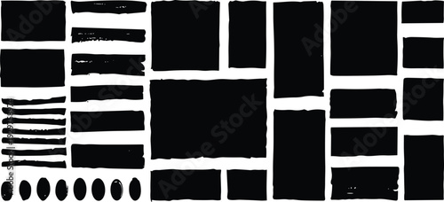 Black grunge brush strokes and geometric paint blocks collection, abstract ink texture elements isolated on white background