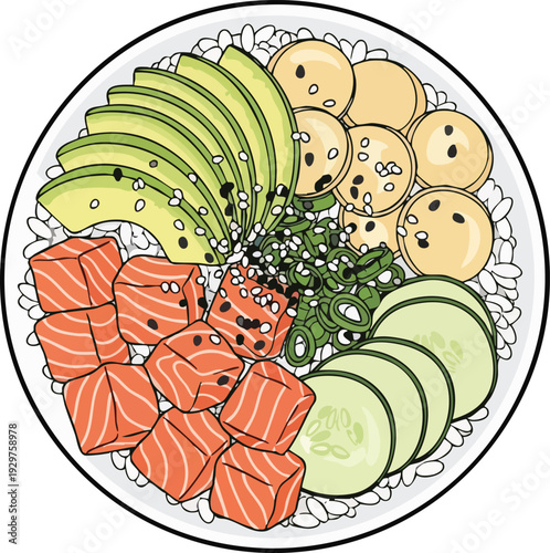 Delicious and colorful poke bowl with fresh salmon and avocado.