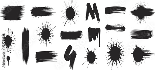 Black ink brush strokes and splatter collection, grunge paint smears, abstract brush marks isolated on white background texture set