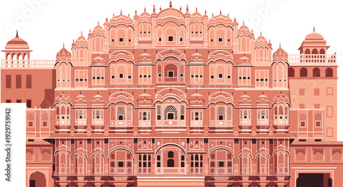 Detailed architectural illustration of Hawa Mahal Jaipur, iconic pink sandstone palace facade with ornate windows and Indian heritage design