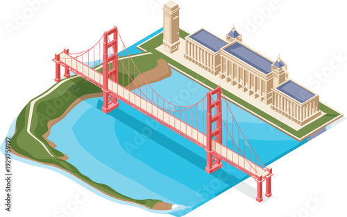 Isometric 3D illustration of Golden Gate Bridge and neoclassical palace building, iconic San Francisco landmark cityscape over blue water