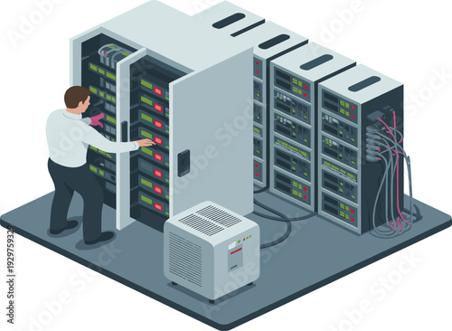 Isometric data center server maintenance illustration, IT engineer managing network racks and database storage technology infrastructure system