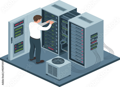 Isometric data center server rack maintenance illustration, IT technician configuring network infrastructure and managing cloud database systems
