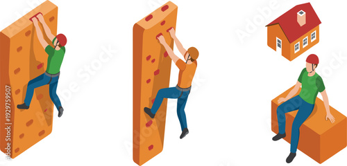 Isometric illustration of rock climbing training wall and safety helmet worker, home insurance risk and challenge business concept