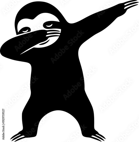 Cute cartoon sloth doing the popular dab dance pose. Funny animal character simple black and white vector illustration for sticker, apparel, merchandise design