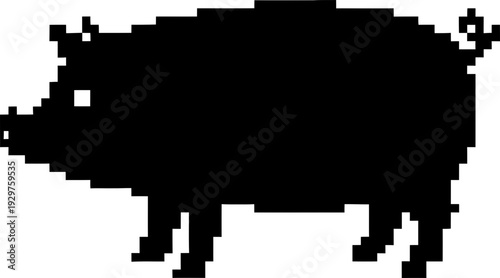 Pixel art style silhouette of a pig in black color. Animal farm concept. Vector illustration for game design, icon, symbol