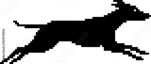Minimalist pixel art silhouette of a running dog. Retro 8-bit game style animal character. Vector illustration for pet shop, veterinary, gaming icon