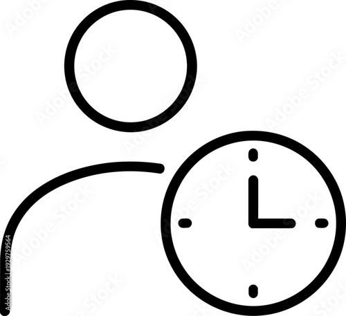 Simple person profile icon with clock symbol for user status concept. Outline vector illustration for website, app, interface design