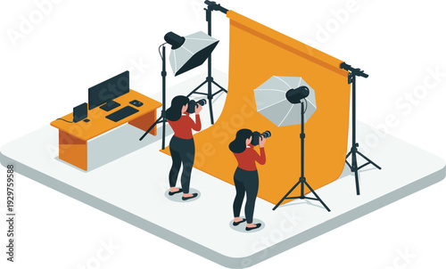 Isometric photography studio with professional photographer, model posing, lighting equipment, camera setup, creative media production workspace illustration concept
