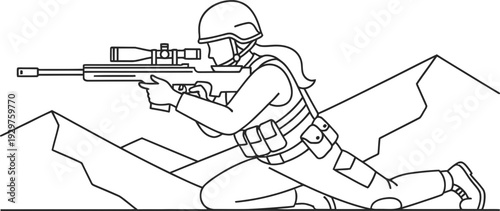 Woman soldier aiming sniper rifle with scope while crawling on battlefield. Military mission concept. Vector illustration outline style