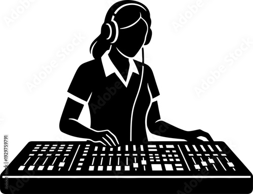 Silhouette of a woman wearing headphones and mixing audio on a soundboard for music production studio. Vector icon