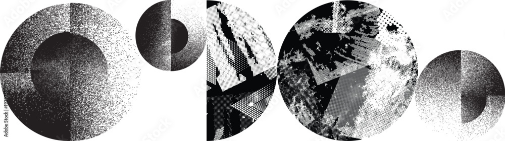 Fototapeta premium Textured black half circles composition .Graffiti art design . Noise textured semi circles . Spray effect .Grunge texture .Art design forms.Distressed element .Rough roller paint semicircles .Vector 