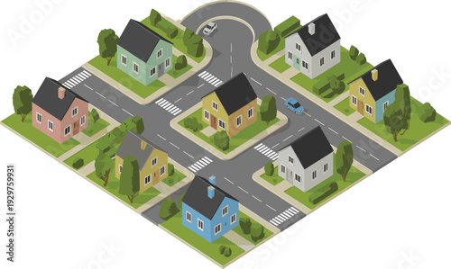 Isometric suburban neighborhood intersection, residential houses with roads, crosswalks, cars and green trees urban planning concept illustration