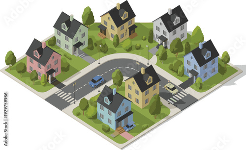 Isometric suburban neighborhood intersection, residential houses with roads, crosswalks, cars and green trees urban planning concept illustration