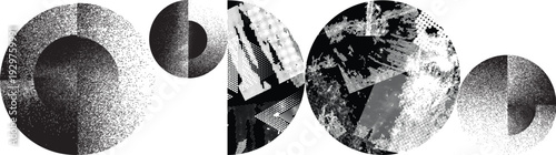 Textured black half circles composition .Graffiti art design . Noise textured semi circles . Spray effect .Grunge texture .Art design forms.Distressed element .Rough roller paint semicircles .Vector 