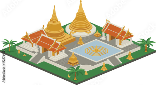 Isometric Thai temple illustration, 3D traditional Buddhist architecture with golden pagodas, ornate roofs and cultural heritage landmark