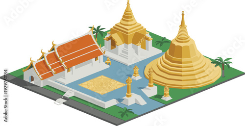 Isometric Thai temple complex, golden pagoda stupa and pavilion with pond traditional Thailand architecture vector illustration isolated