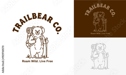 An illustration of a bear hiking with a backpack and trekking poles on an adventure in the wilderness from a straightforward viewpoint