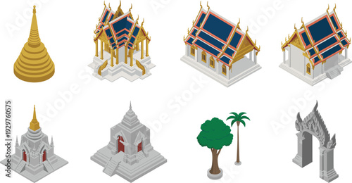 Thai temple architecture collection, traditional Thailand pagoda shrine pavilion gate and tropical trees isolated on white background vector set