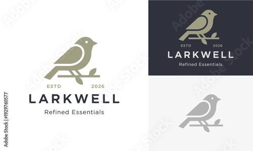 Bird logo designs on various backgrounds showcasing elegant typography and refined essentials