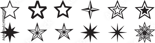 Collection of 12 black and white decorative stars and snowflakes vector illustration flat design set