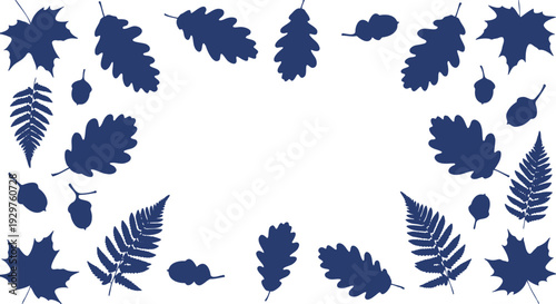 Dark blue silhouette autumn leaves and acorns arranged in a decorative border on a transparent background