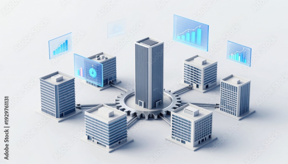 Fototapeta premium Business analytics growth insights urban cityscape graphic representation digital environment aerial view data visualization