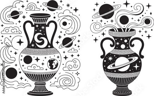 Cosmic Amphorae with Planets, Stars, and Swirls - Celestial Illustration
