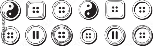Set of diverse buttons, round and square shapes with four holes, yin yang symbol, and pause icon, clean vector art