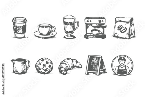 Hand-drawn sketch of coffee shop items and cafe beverages