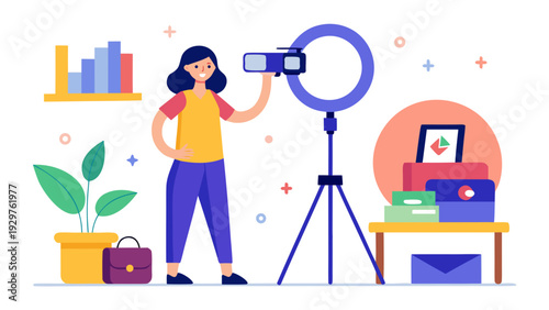Young female blogger recording video with camera and ring light in home studio flat vector illustration
