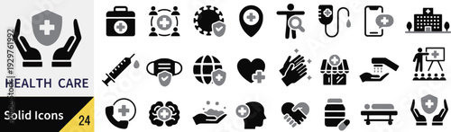 Healthcare icons set medical and hospital symbols flat solid style