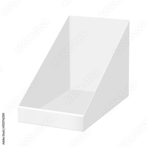 Triangular cardboard display box mockup in perspective view isolated on white background. Vector template for retail showcase, countertop product presentation and packaging design