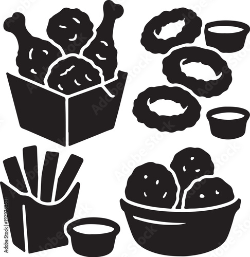 Black and white fast food including fried chicken, donuts, fries and dipping sauce