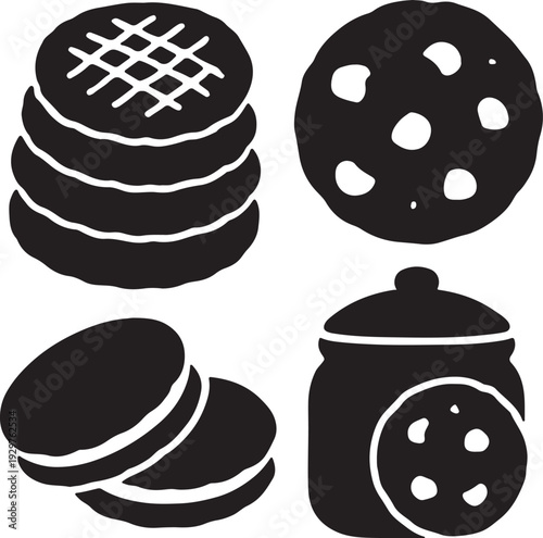 Assorted black cookies and a jar on a white background black and white dessert sweet