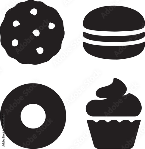 Black and white of baked goods on white background cookie macaroon donut cupcake